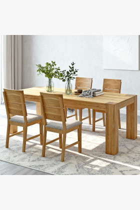 Massives Eichen-Esstisch-Set 220x100 cm mit 4 grauen Stühlen